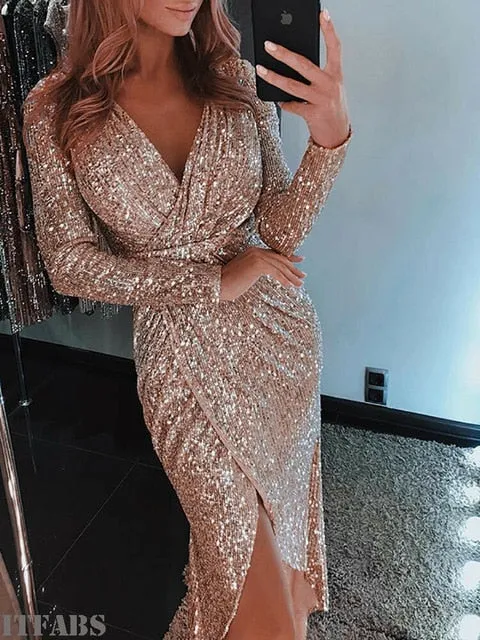 2019 Sequin Party Dress Glitter Dress Women Sexy V neck Bodycon Slim Glitter Dress Vestidos Elegant Ladies Party Dress