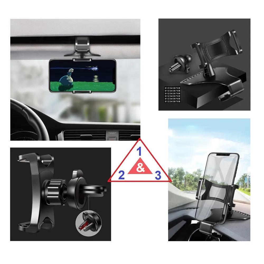 3 in 1 Car GPS Smartphone Holder: Dashboard / Visor Clamp   AC Grid Clip for KARBONN AURA SLEEK PLUS (2018) - Black
