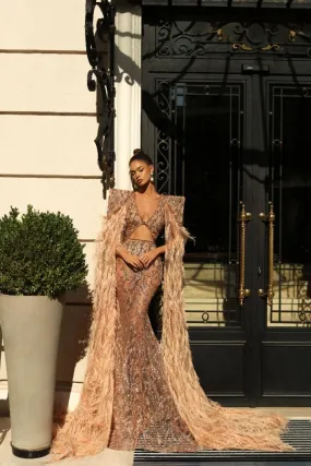 Annabella Beautiful Feather Touch Golden Evening Dress