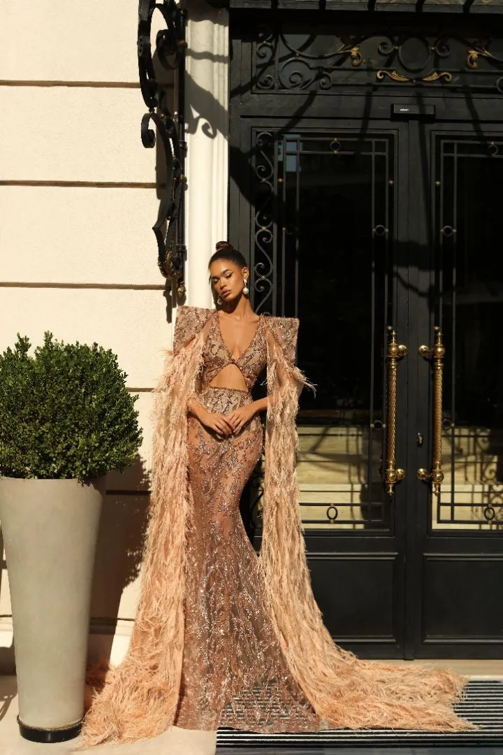 Annabella Beautiful Feather Touch Golden Evening Dress