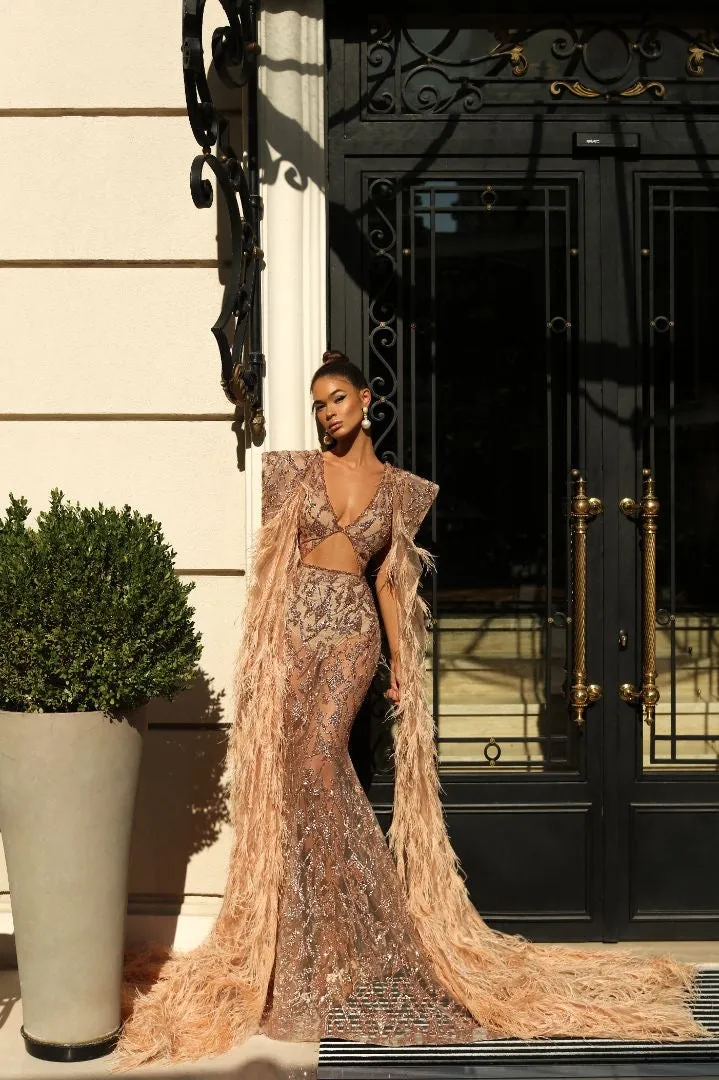 Annabella Beautiful Feather Touch Golden Evening Dress