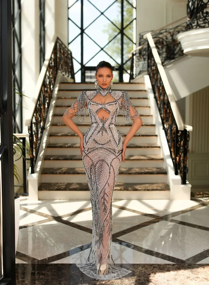 Averie Elegant Long Silver  Evening Dress