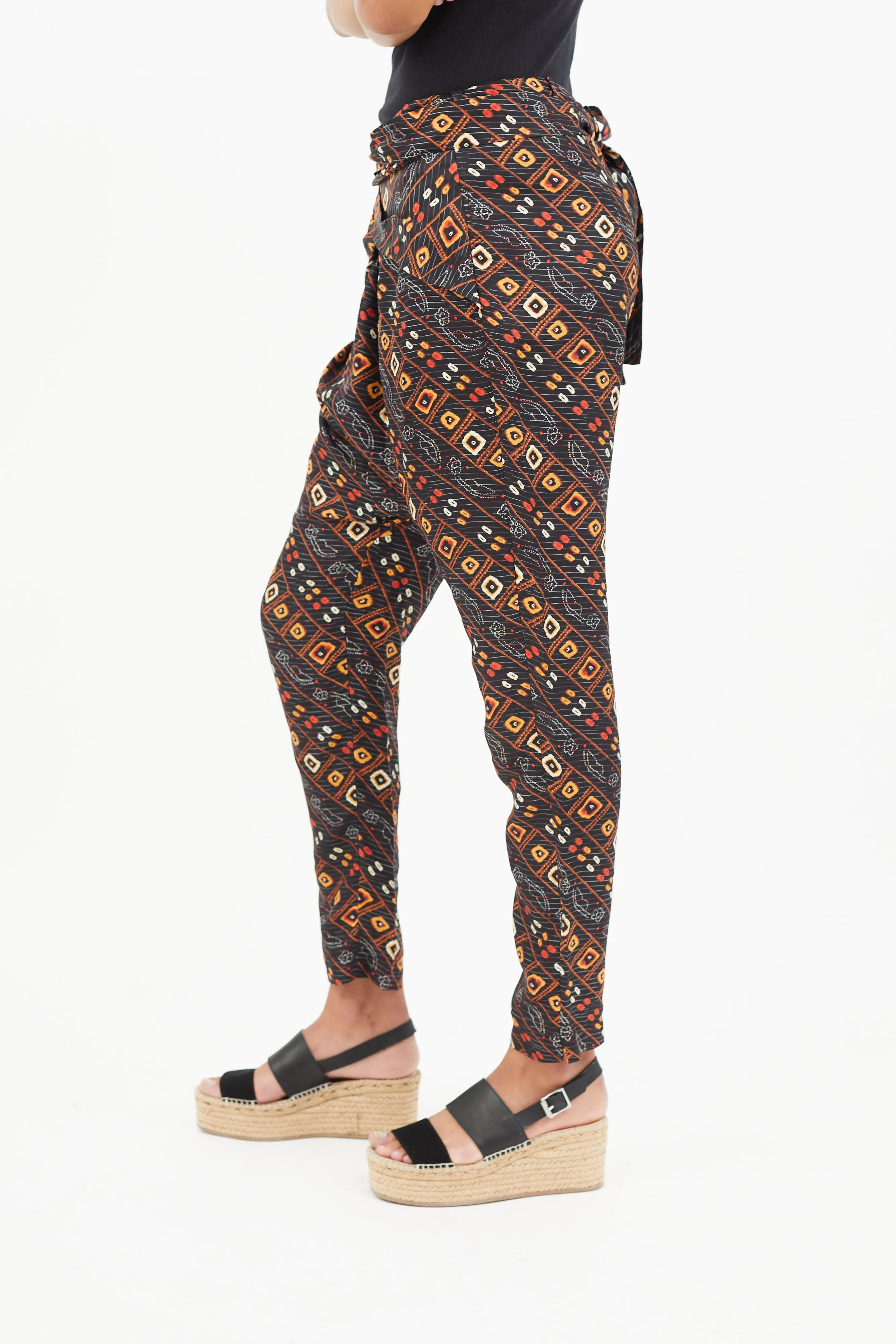 Black & Multicolour Print Wrap Silk Trouser