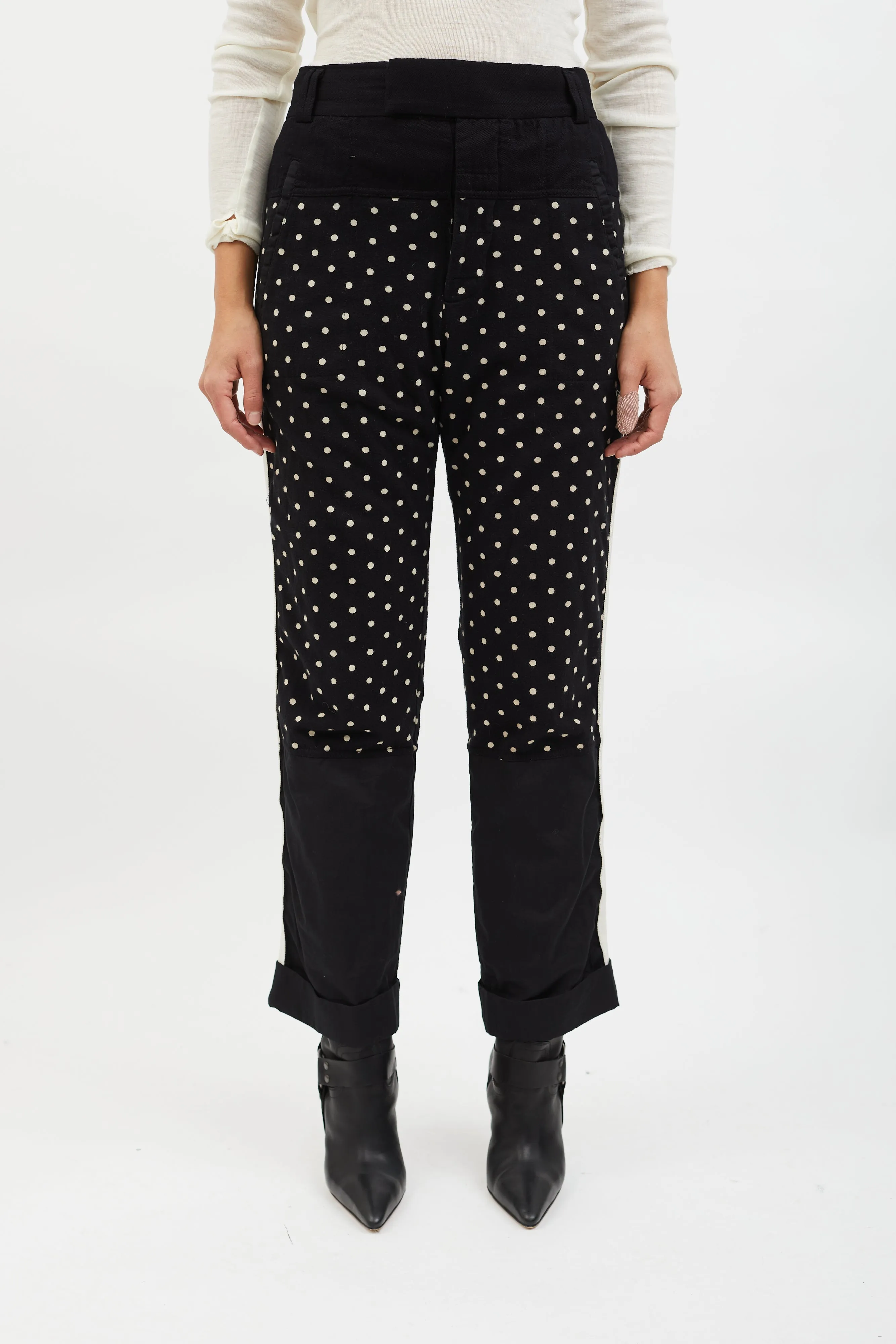 Black & White Polka Dot Knit Panelled Slim Trouser
