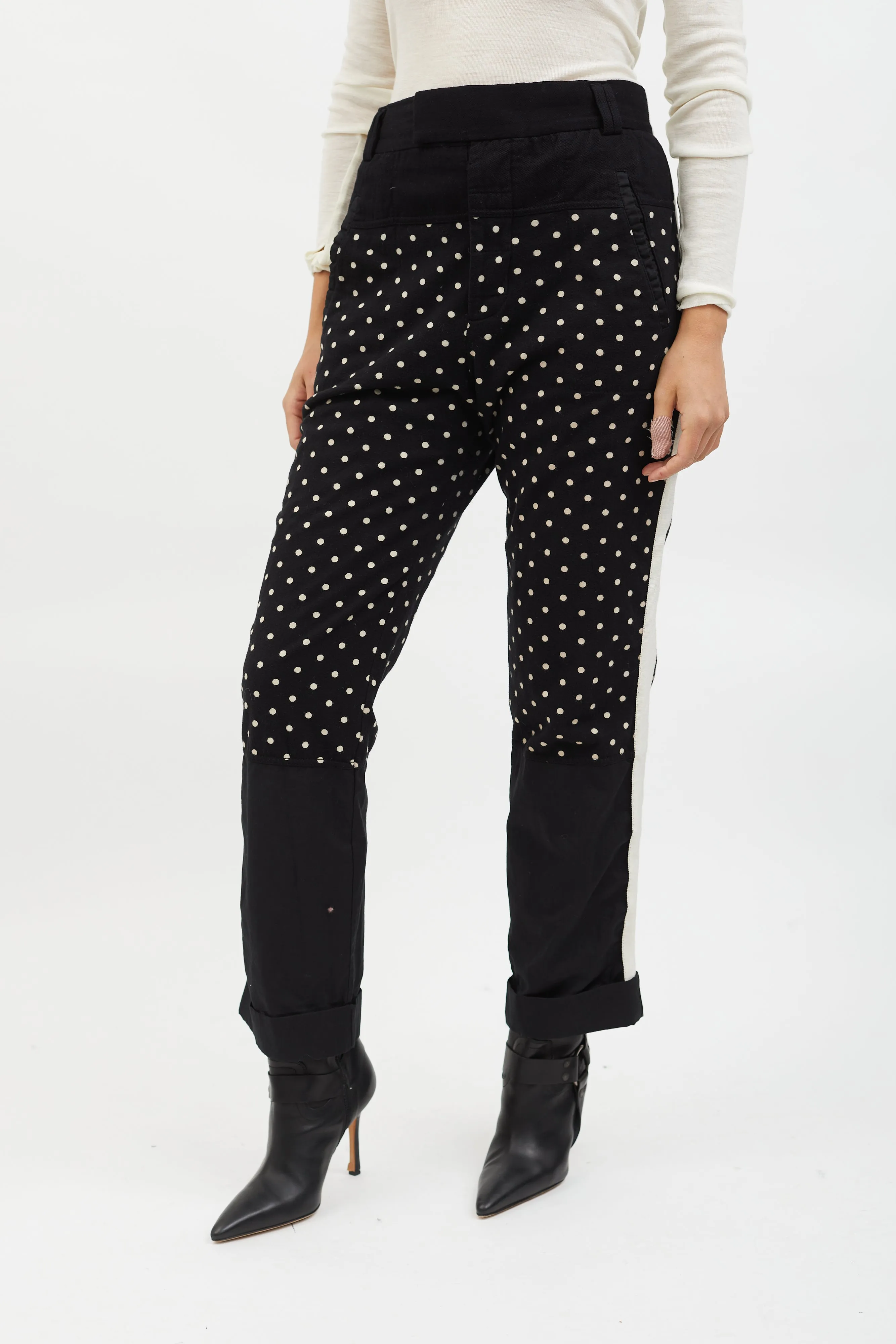 Black & White Polka Dot Knit Panelled Slim Trouser