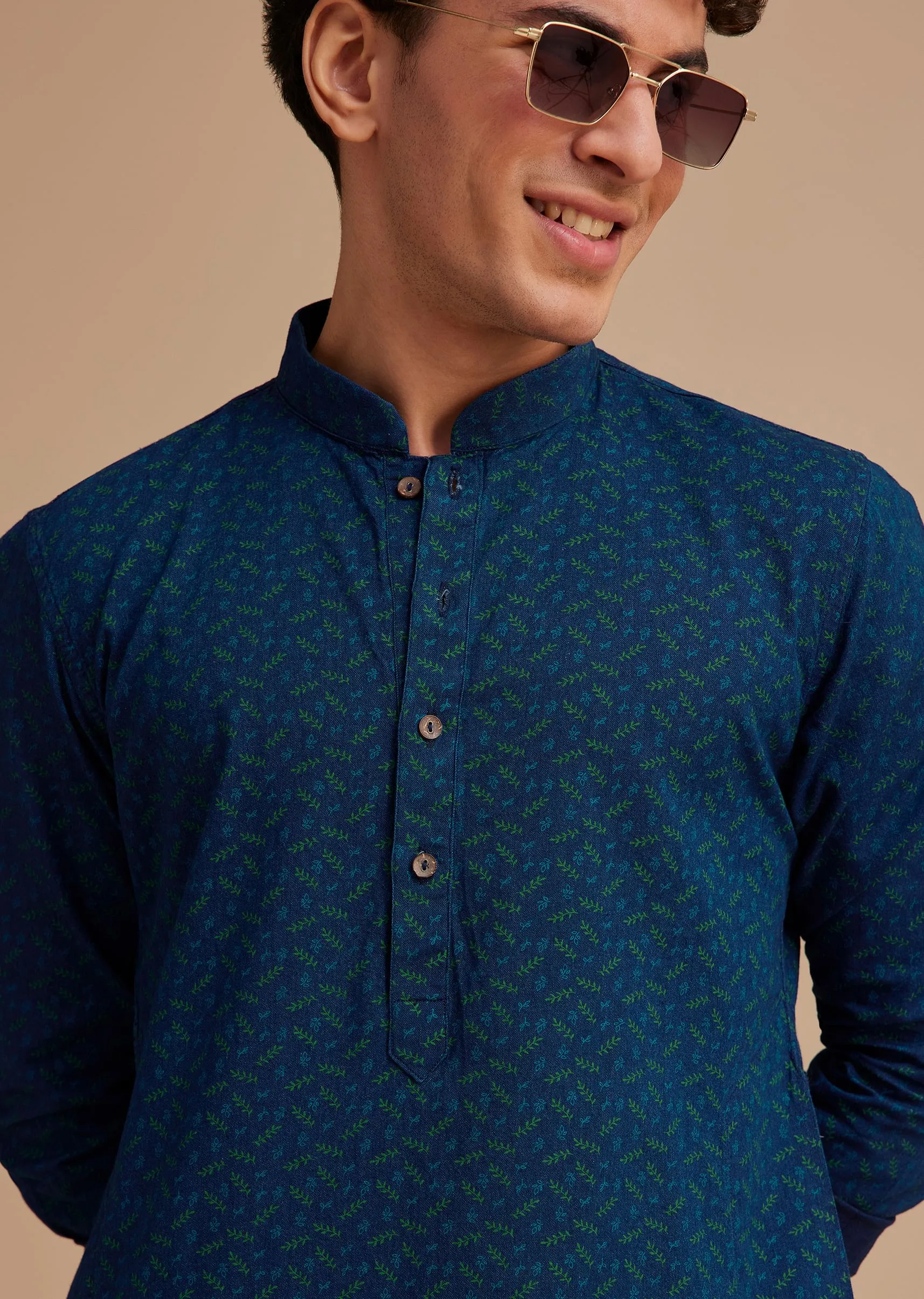 Blue Cotton Denim Printed Kurta Set
