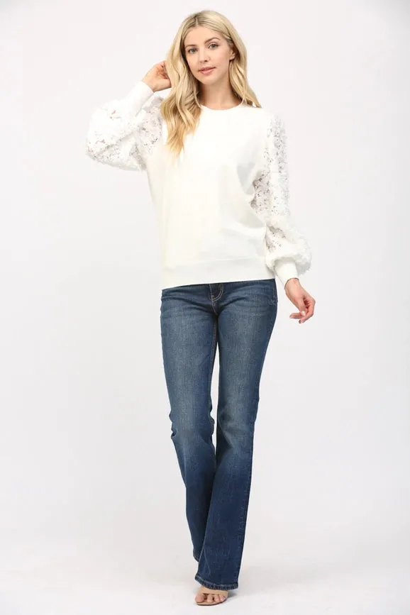 Contrast 3D Floral Lace Slv Crew Neck Sweater CREAM