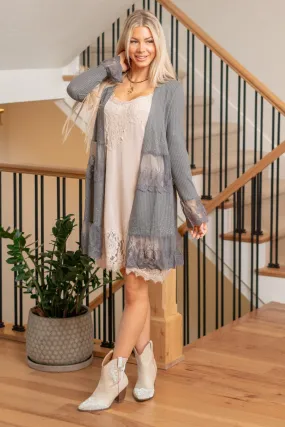 Lace & Stone Edge Open Cardigan - Charcoal