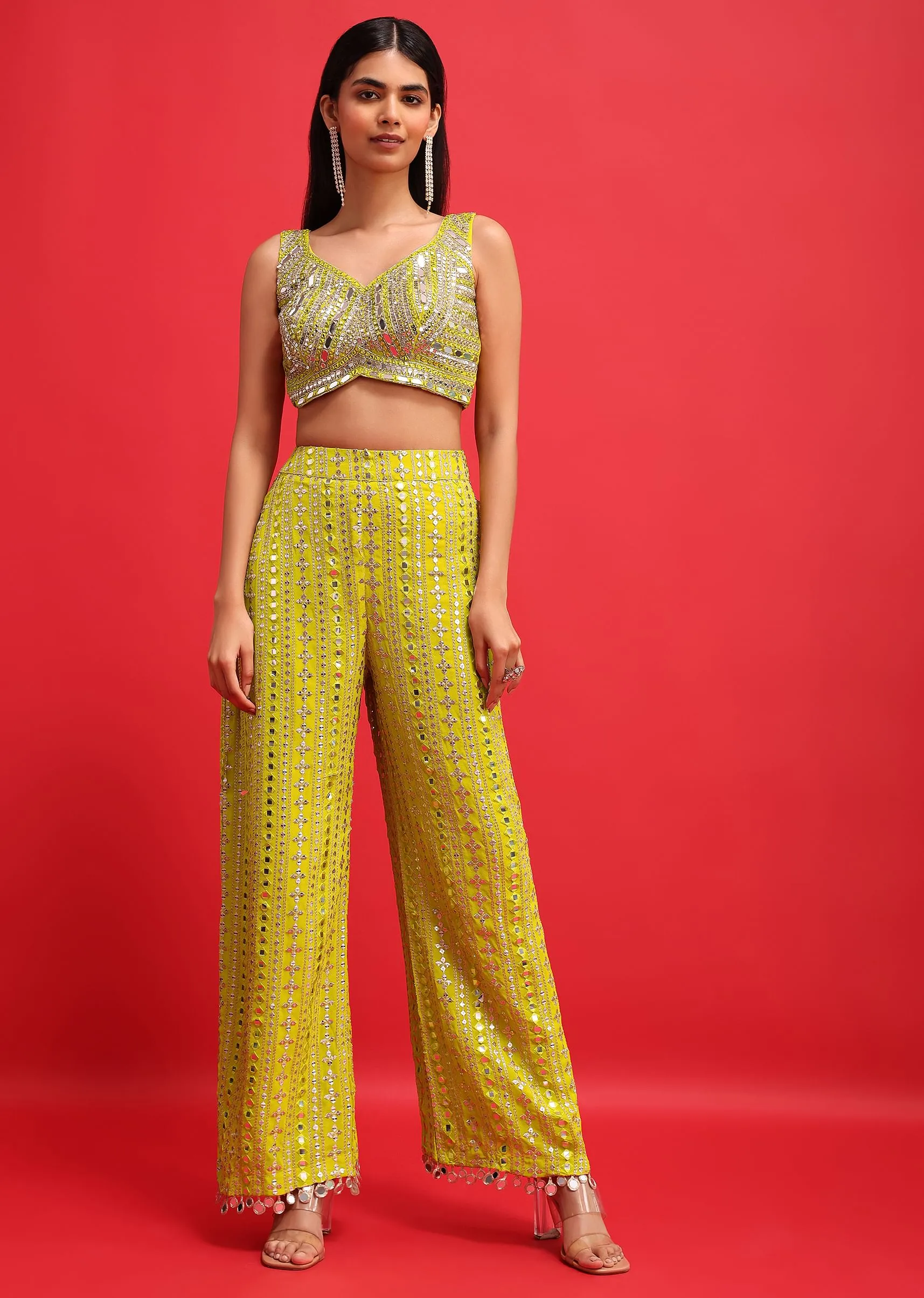 Lime Green Embroidered Georgette Crop Top And Palazzo Set With Jacket