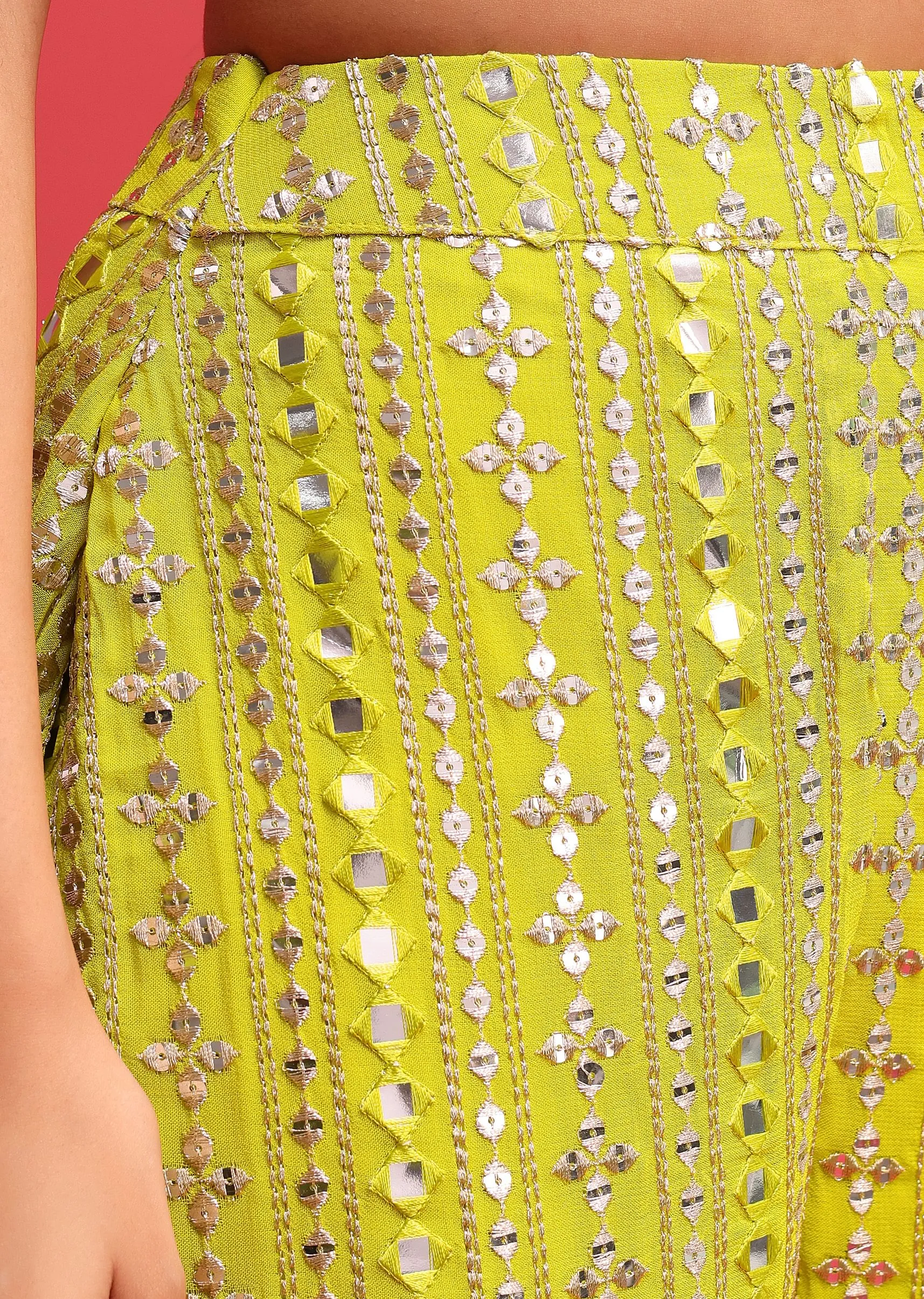 Lime Green Embroidered Georgette Crop Top And Palazzo Set With Jacket