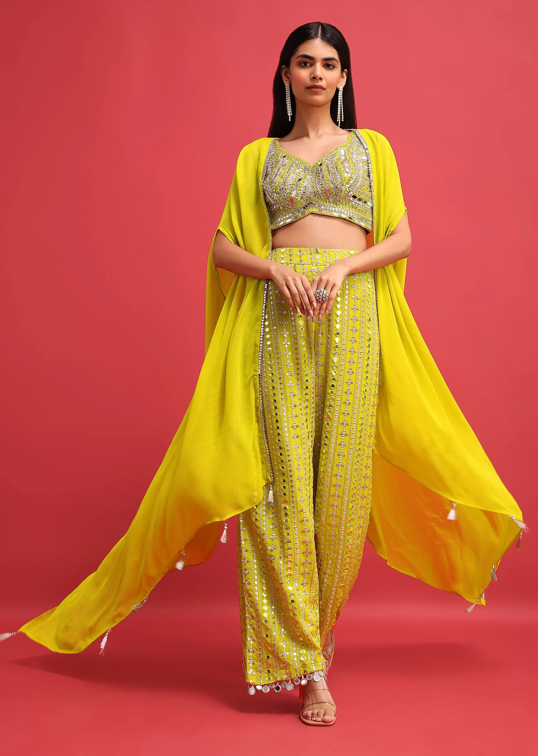 Lime Green Embroidered Georgette Crop Top And Palazzo Set With Jacket