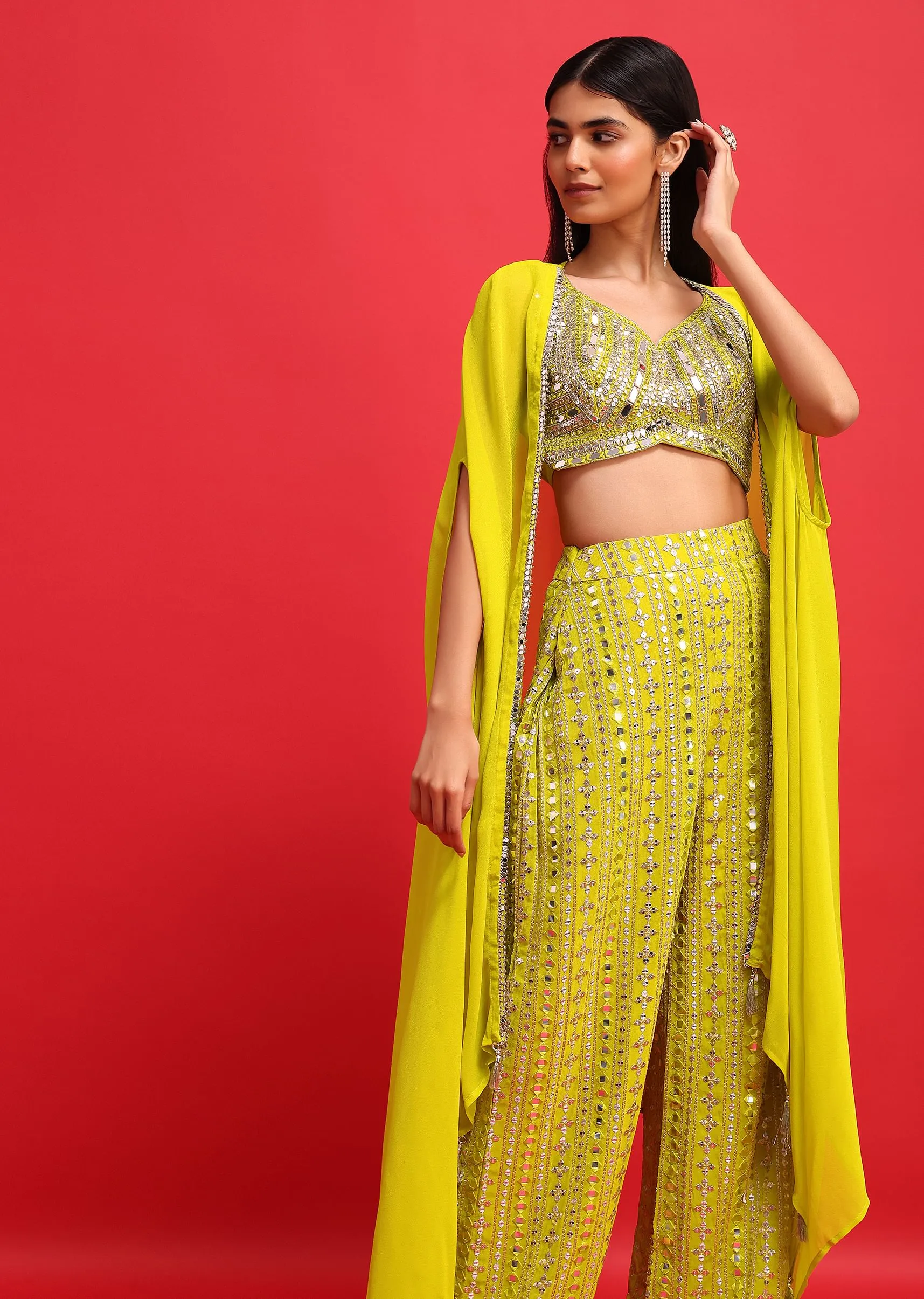 Lime Green Embroidered Georgette Crop Top And Palazzo Set With Jacket
