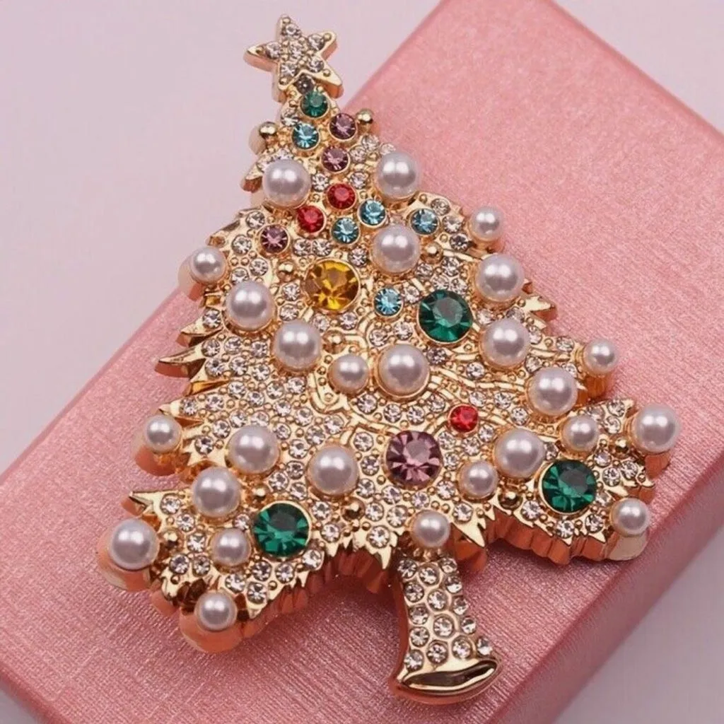 Luxury Pearl Crystal Christmas Tree Gold Brooch