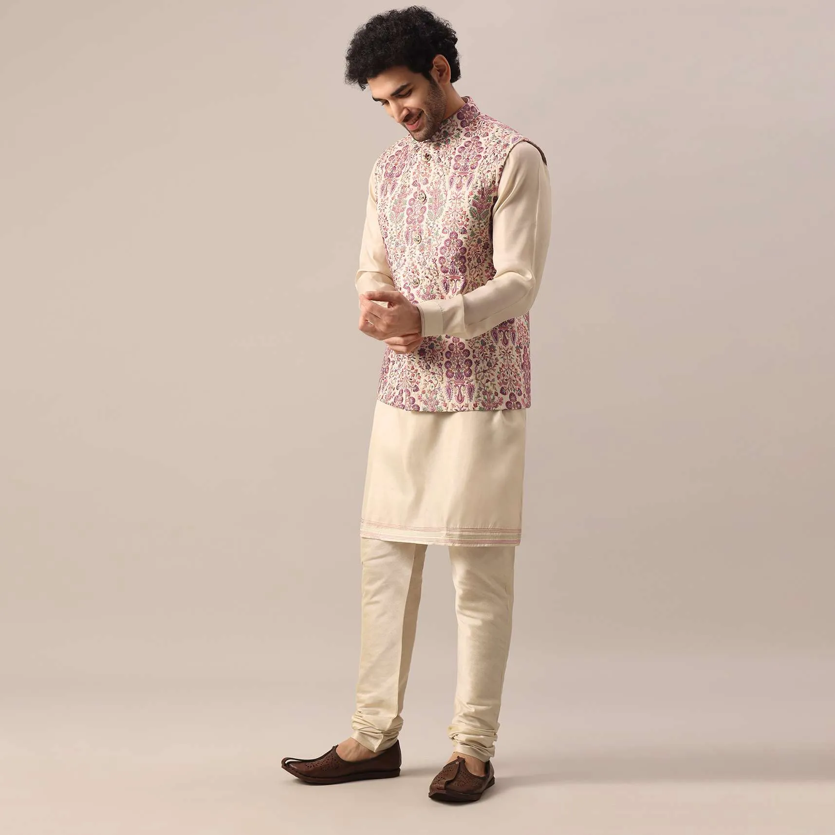 Multi Color Floral Embroidered Jacket And Kurta Set