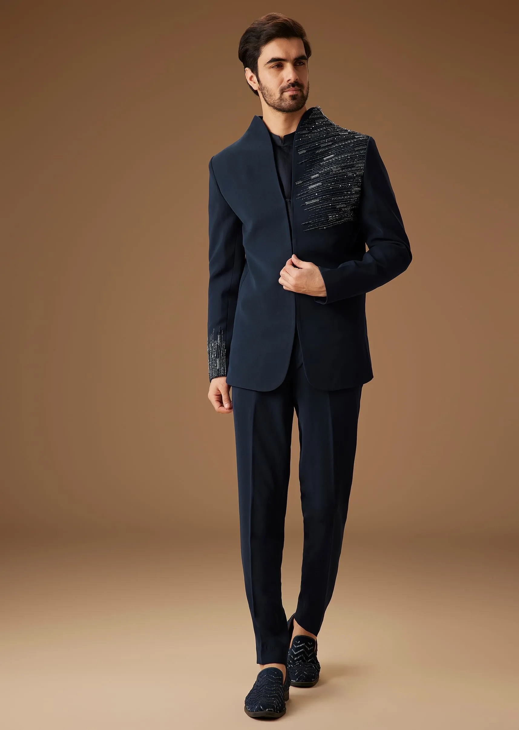Navy Blue Embroidered Tuxedo Set