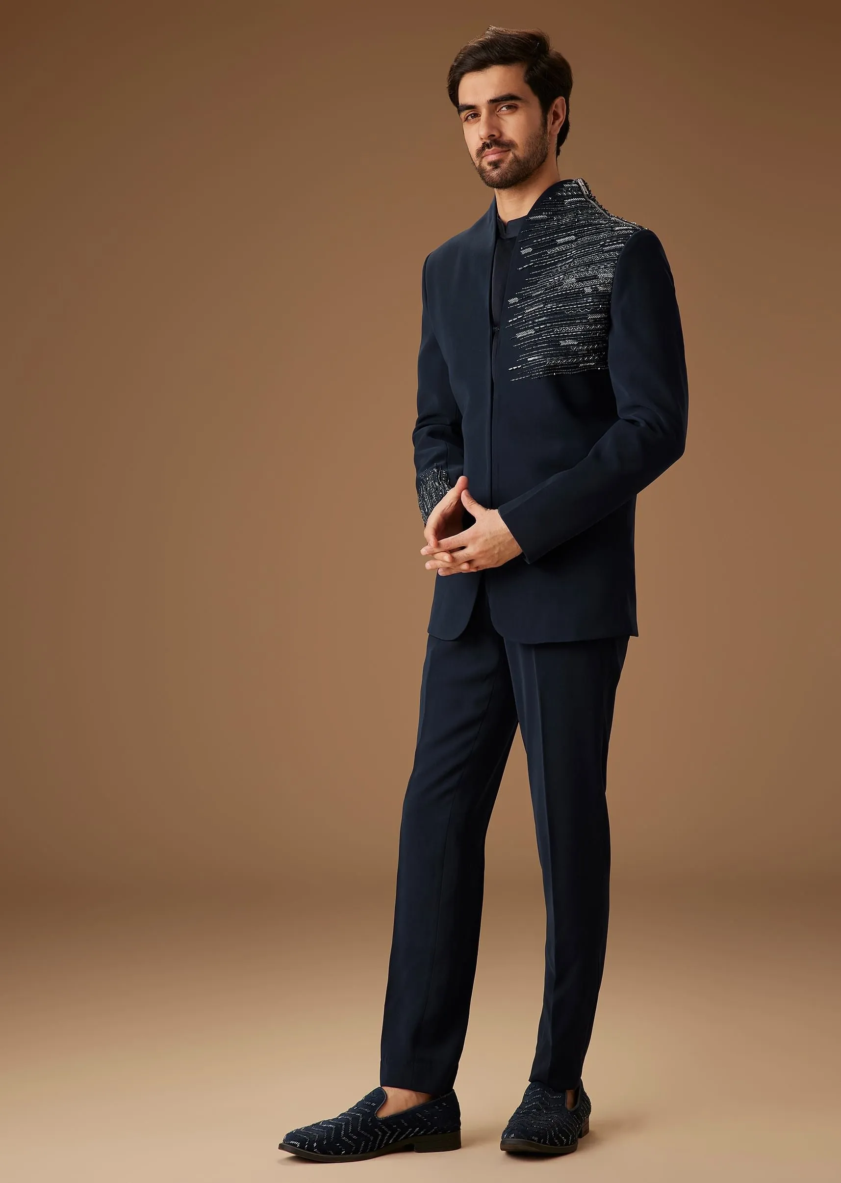 Navy Blue Embroidered Tuxedo Set