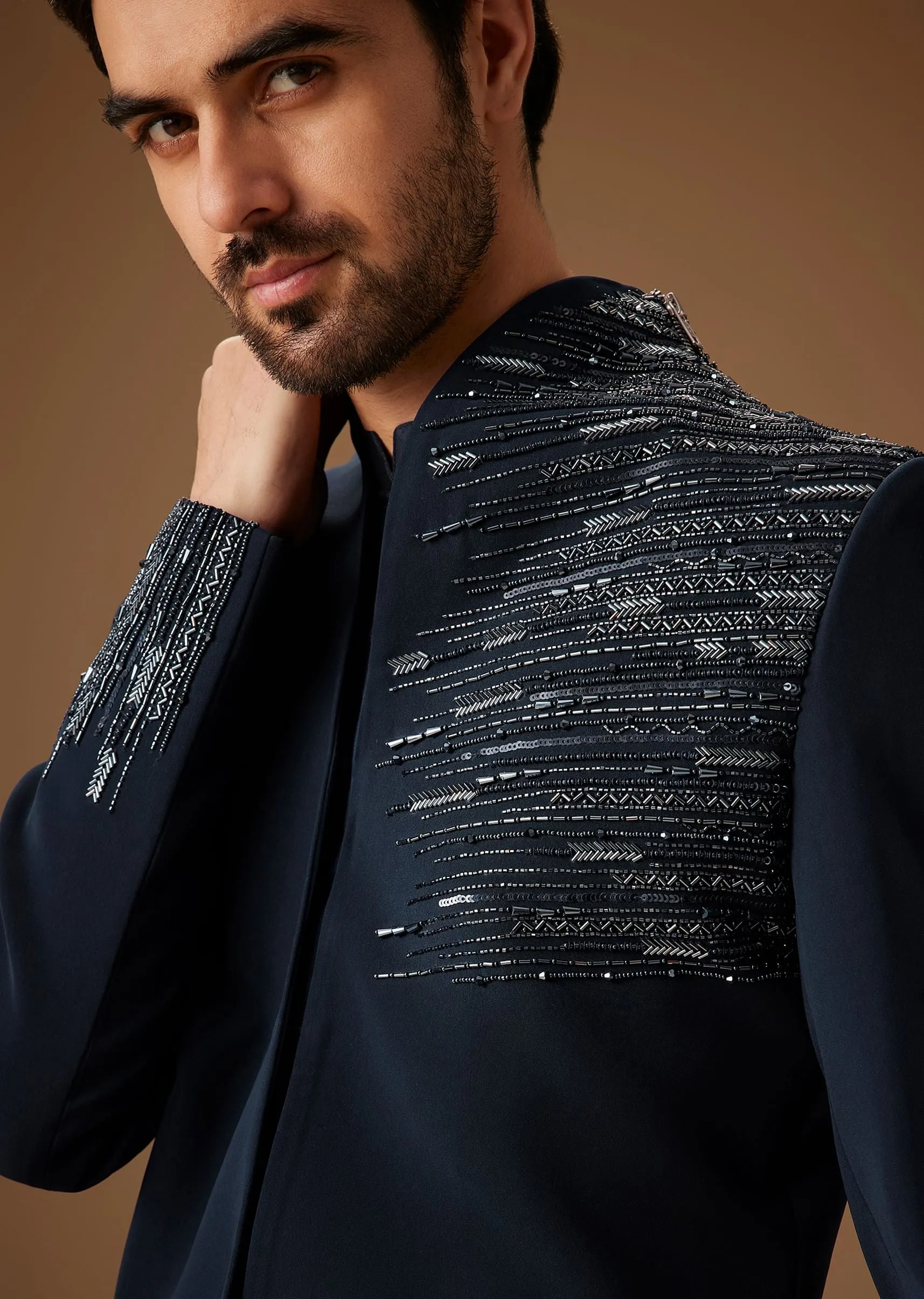 Navy Blue Embroidered Tuxedo Set