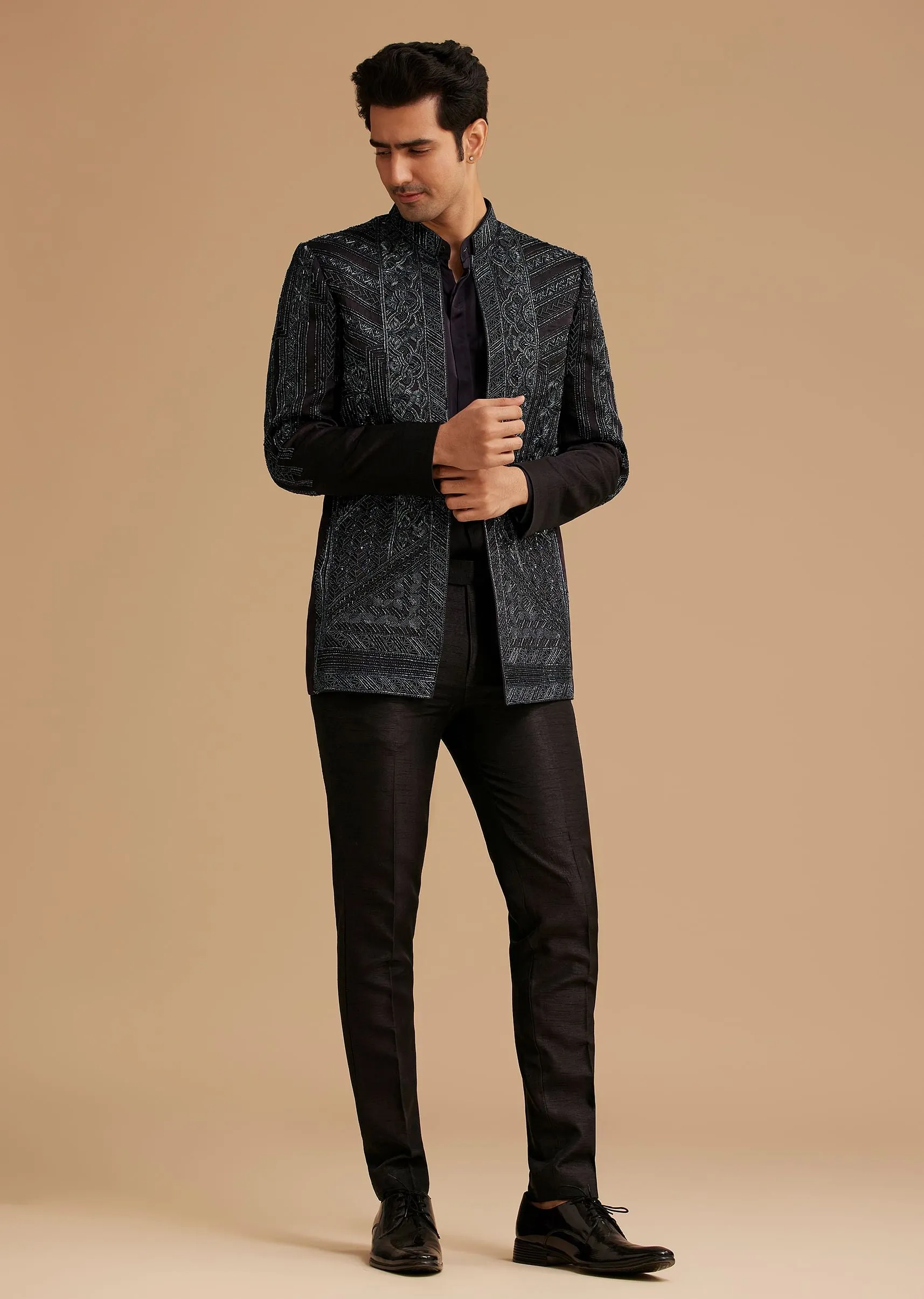 Navy Blue Hand Embroidered Jodhpuri Suit With Cut Dana Work