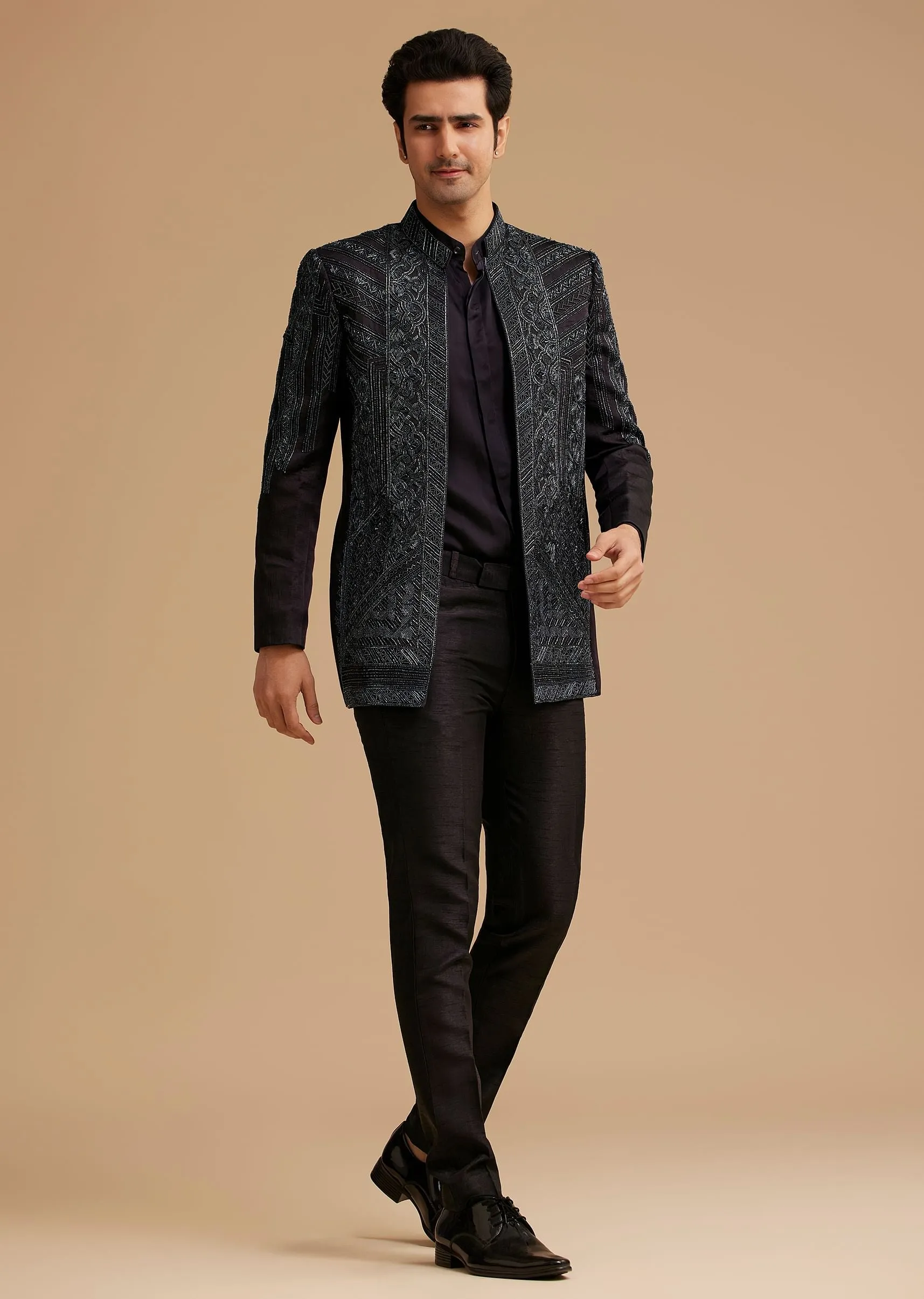 Navy Blue Hand Embroidered Jodhpuri Suit With Cut Dana Work