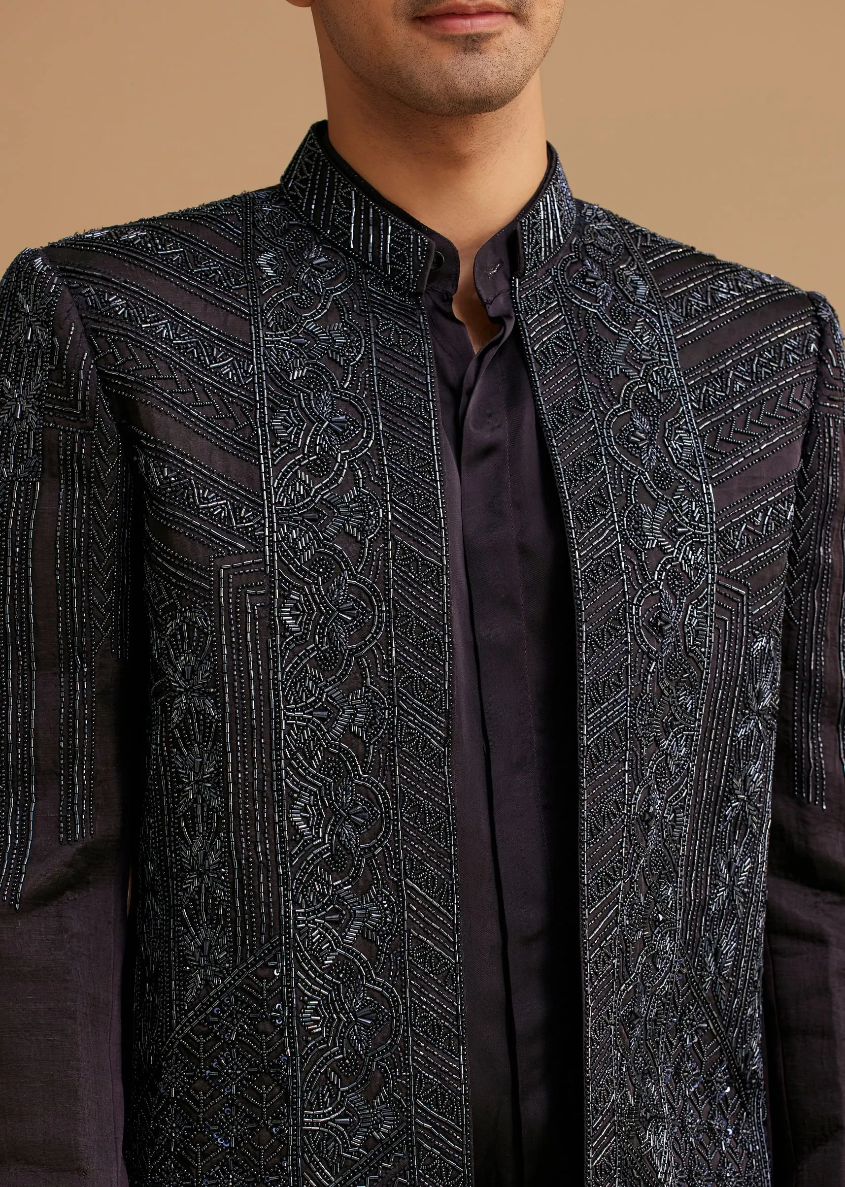 Navy Blue Hand Embroidered Jodhpuri Suit With Cut Dana Work
