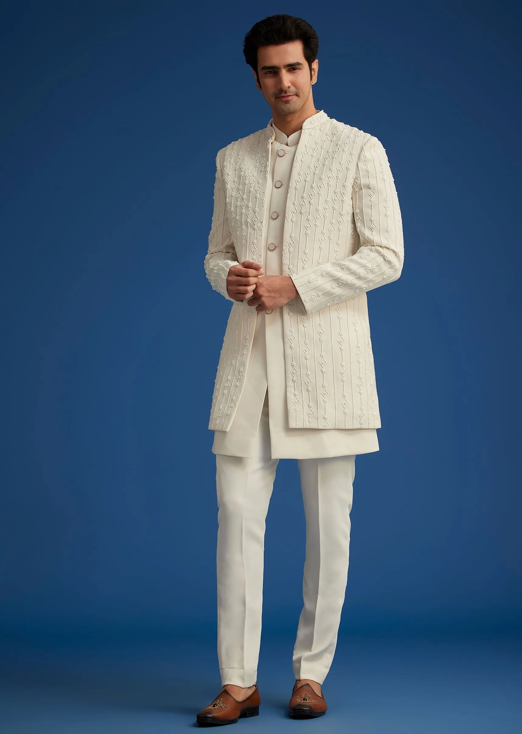 Off White Cotton Satin Sherwani Set With Hand Embroidered Jacket