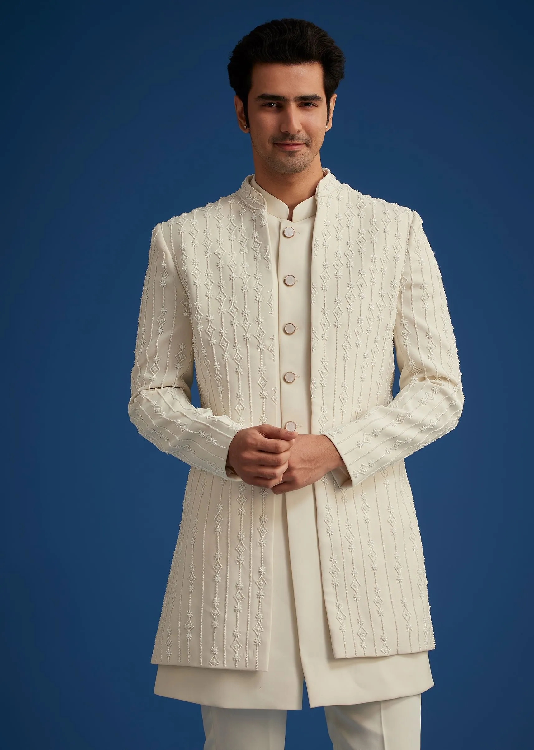 Off White Cotton Satin Sherwani Set With Hand Embroidered Jacket