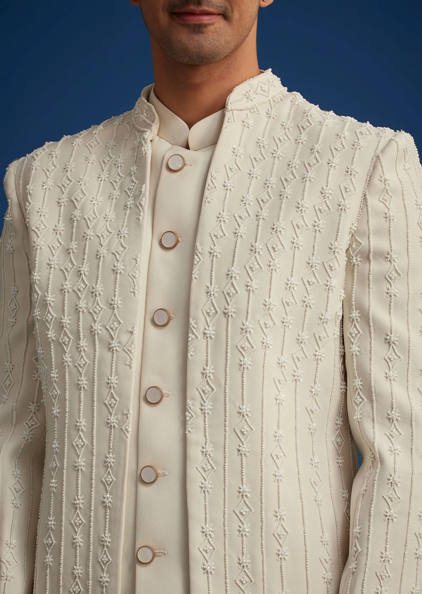 Off White Cotton Satin Sherwani Set With Hand Embroidered Jacket
