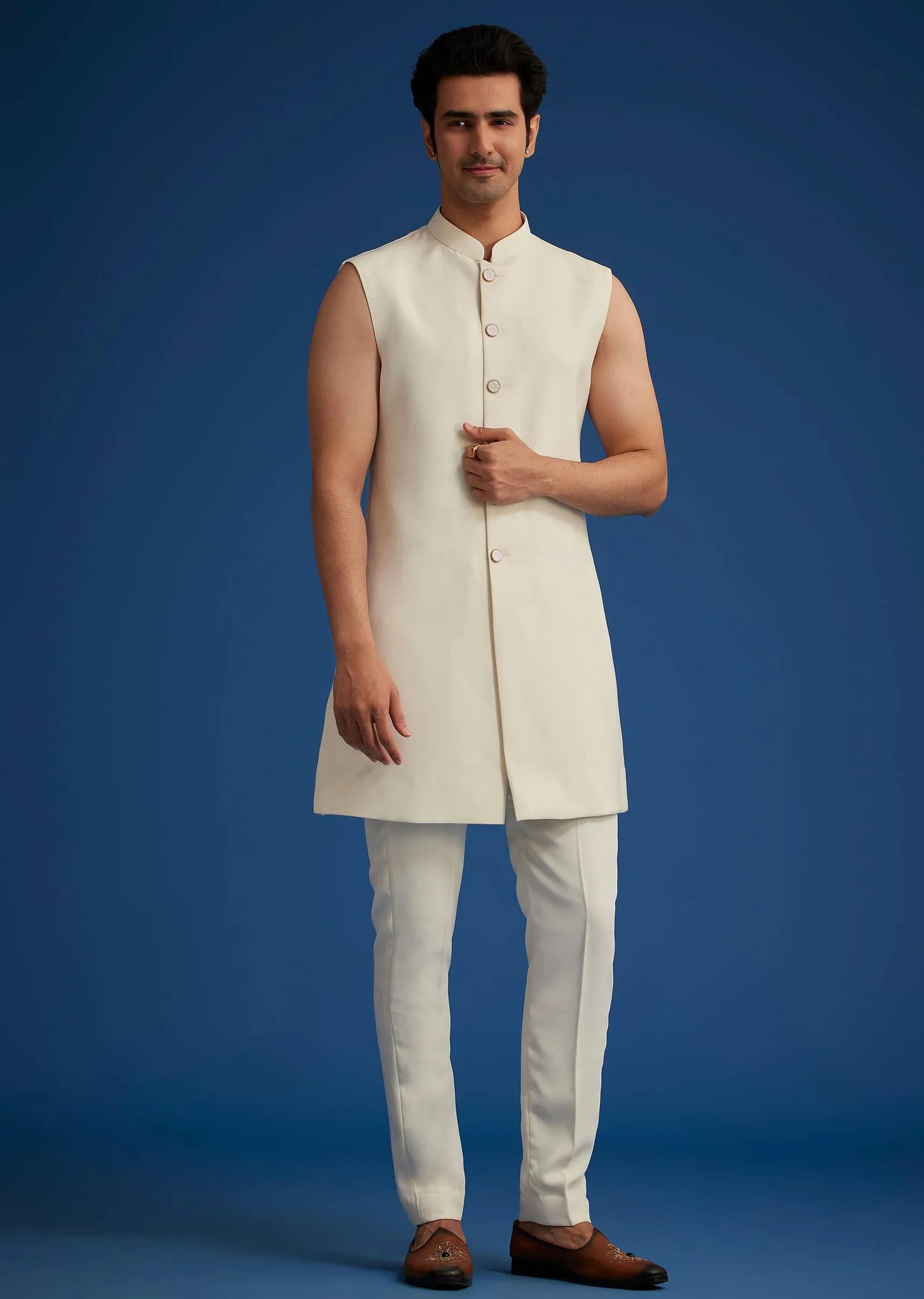 Off White Cotton Satin Sherwani Set With Hand Embroidered Jacket