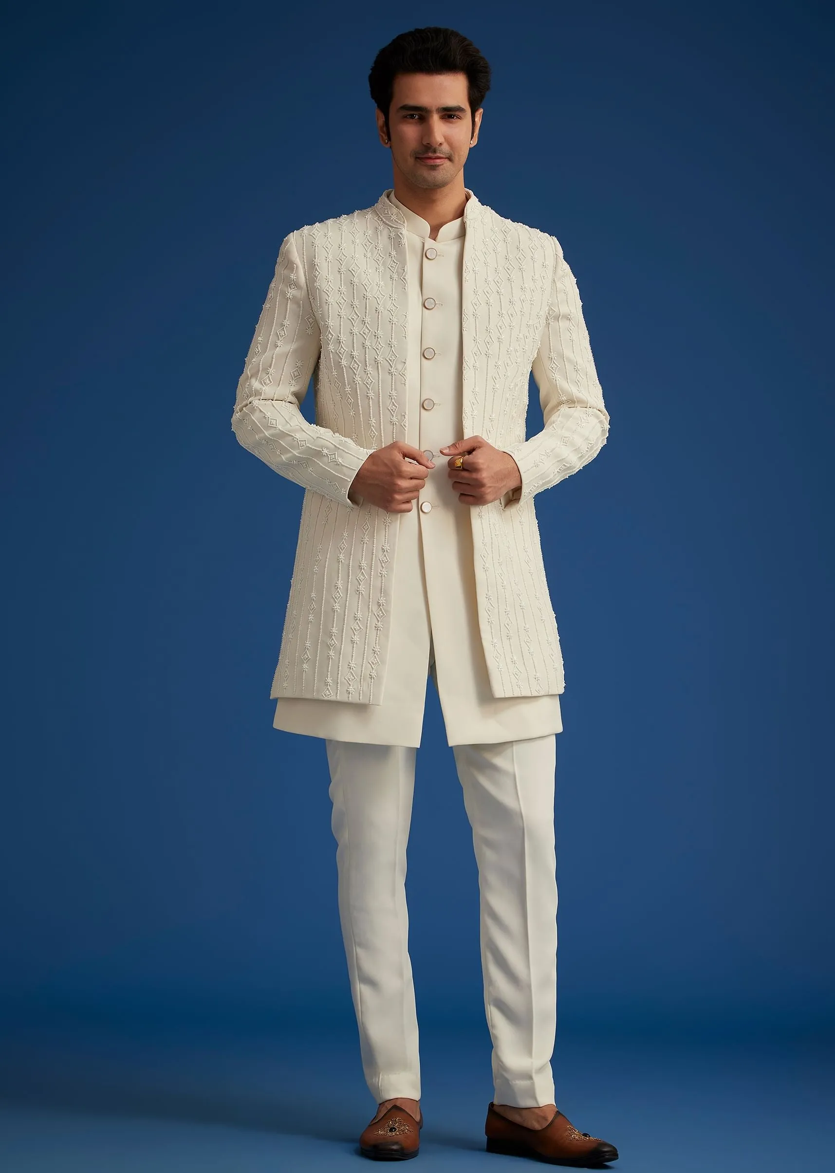 Off White Cotton Satin Sherwani Set With Hand Embroidered Jacket