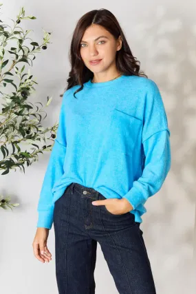 Round Neck Long Sleeve Sweater with Pocket