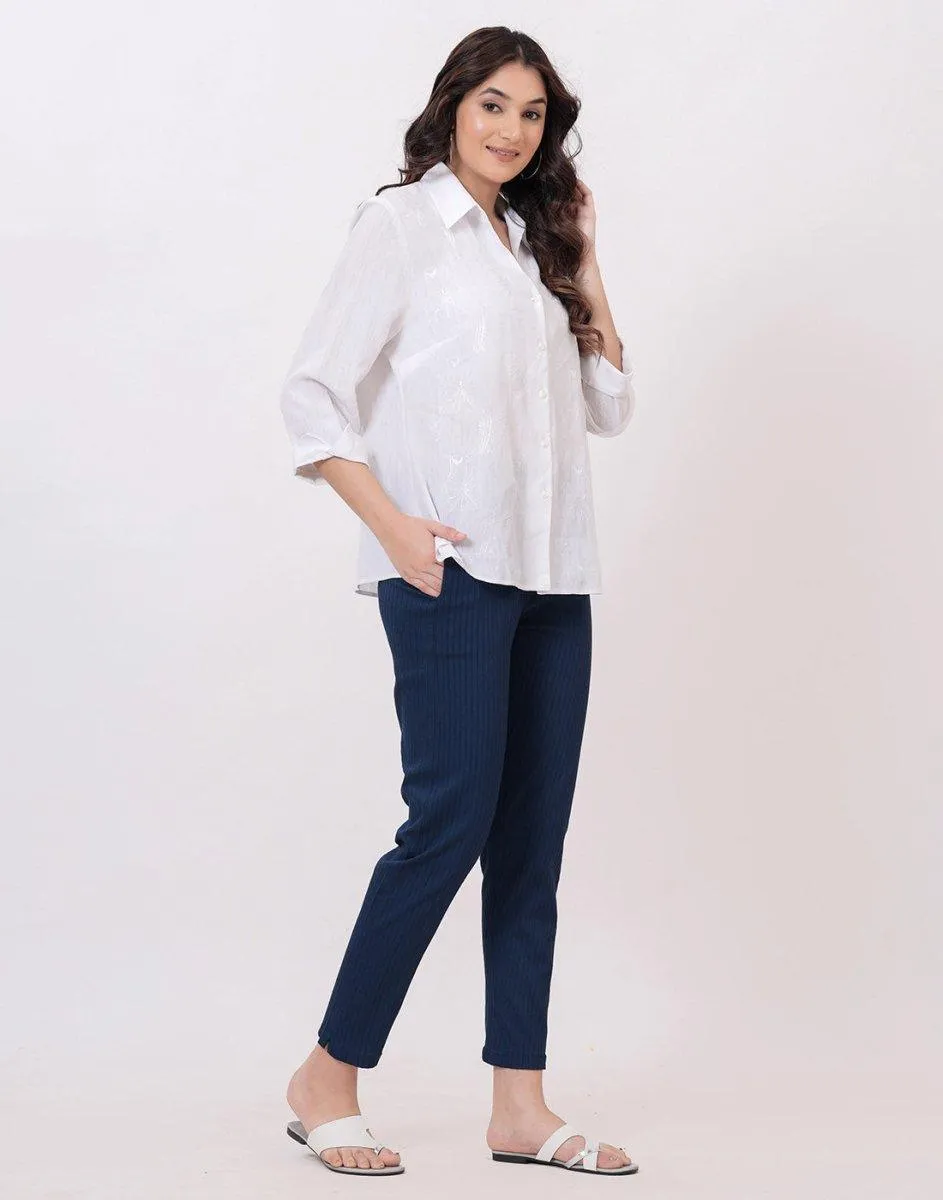 Satrangi Women's Blue Viscose Ribbed Lycra Trouser