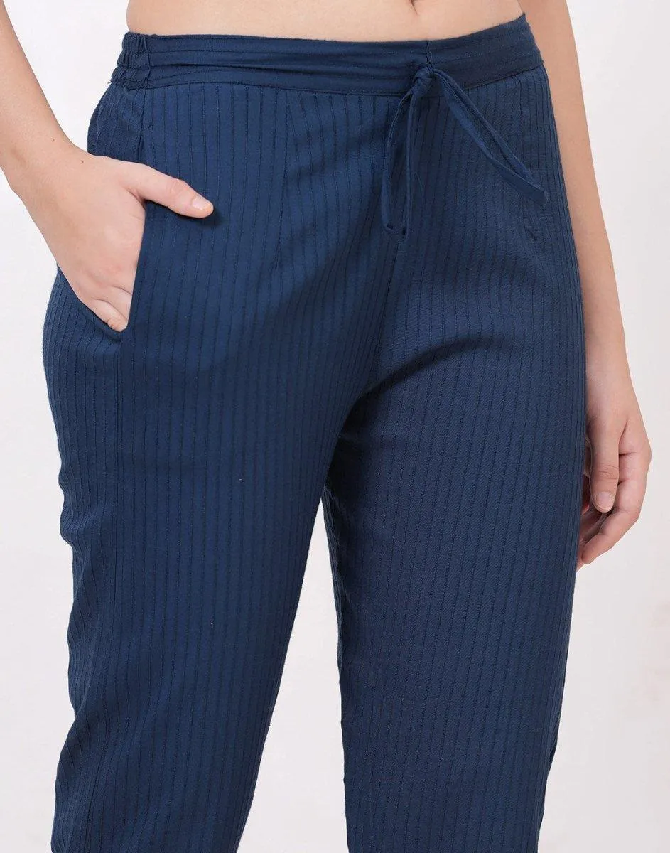 Satrangi Women's Blue Viscose Ribbed Lycra Trouser