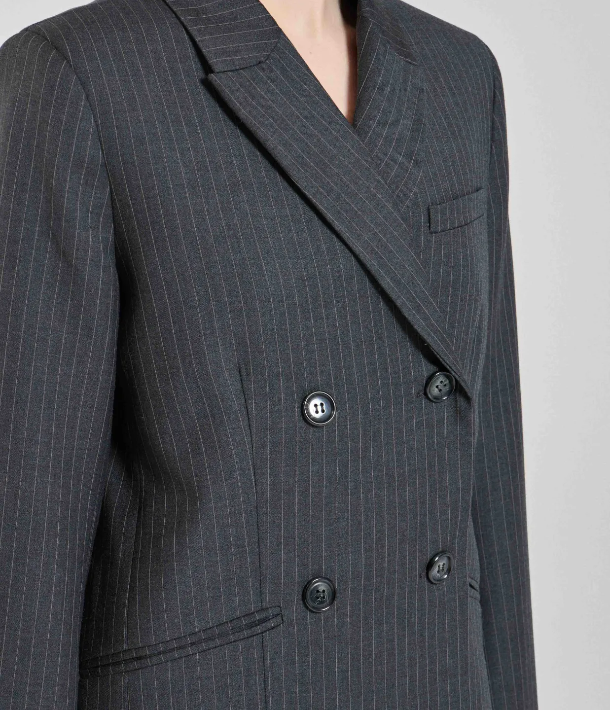 The Clemence Blazer Coat in Charcoal Pinstripe