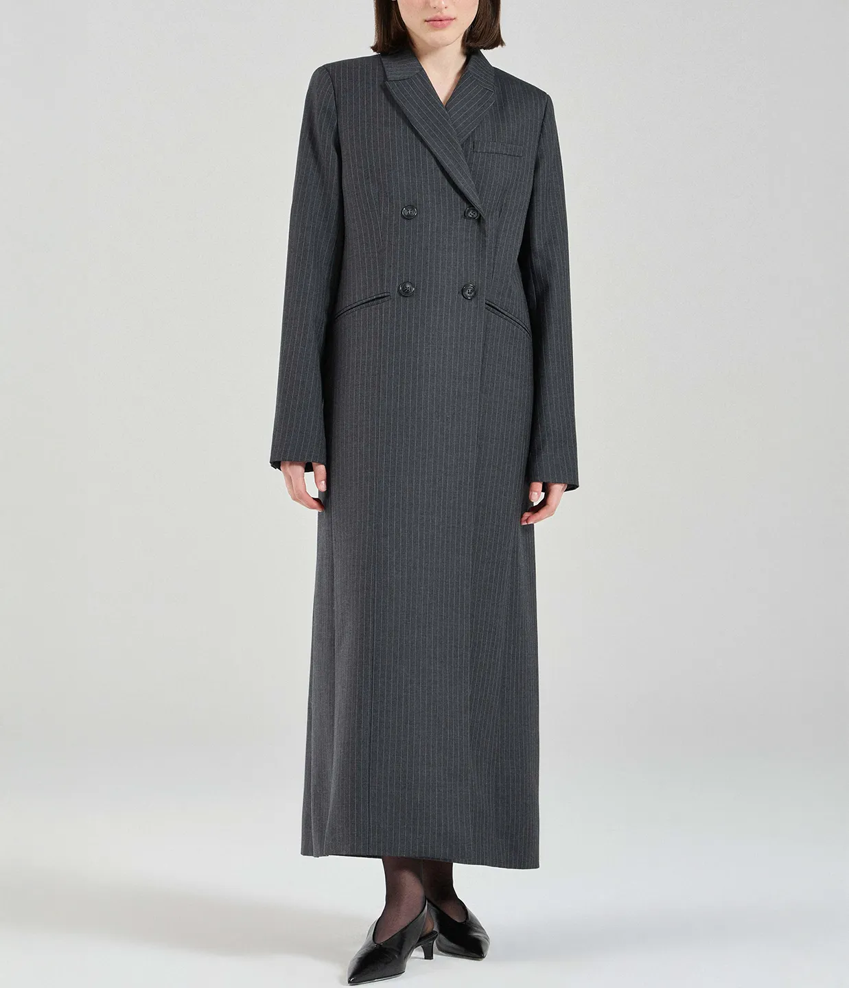 The Clemence Blazer Coat in Charcoal Pinstripe