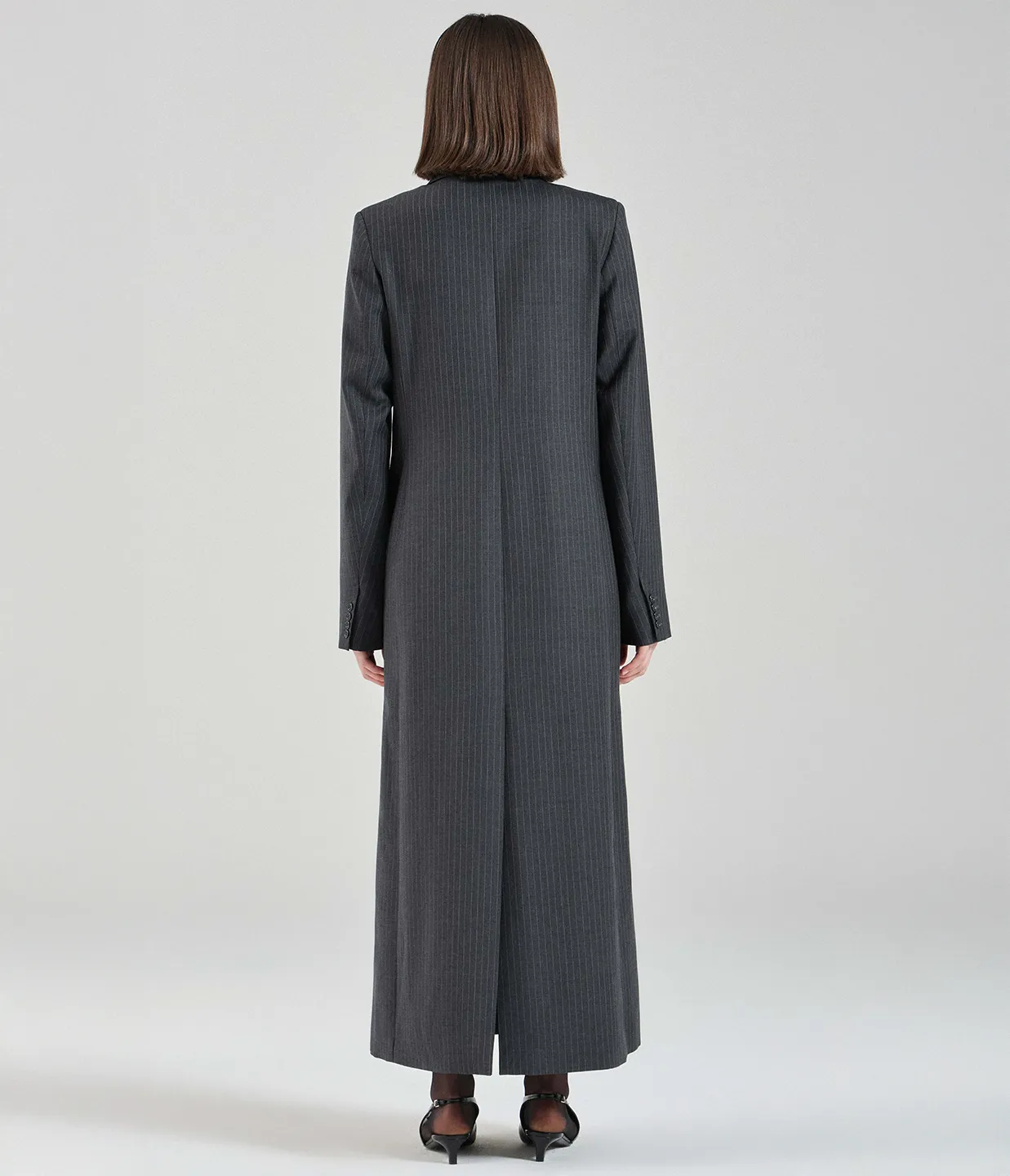 The Clemence Blazer Coat in Charcoal Pinstripe