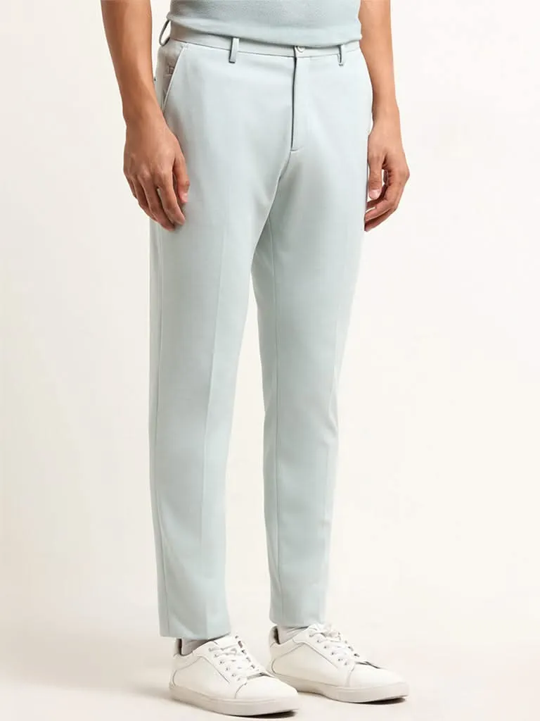 WES Formals Mint Blue Mid Rise Slim Tapered Fit Trousers